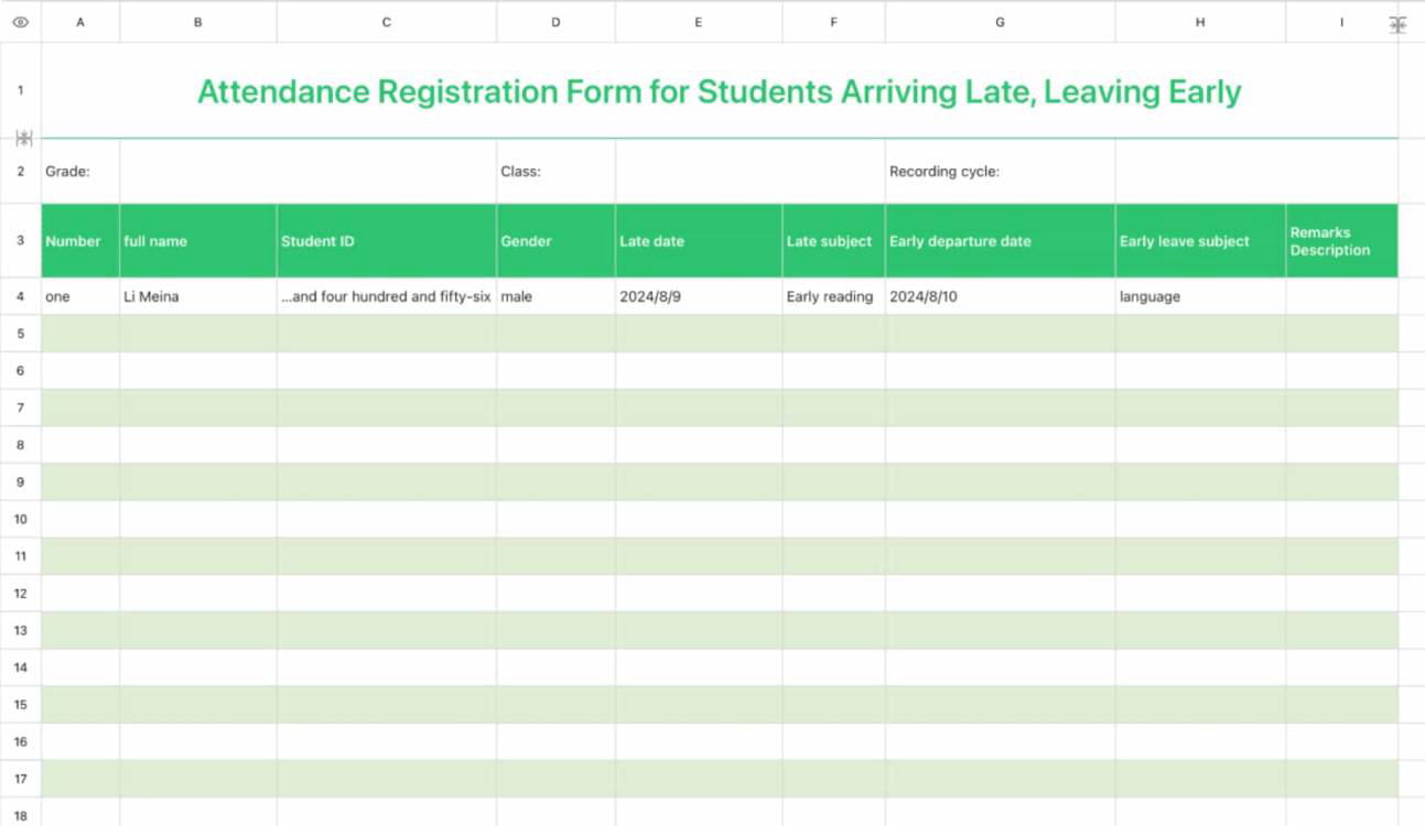 Attendance Registration Form for Students Arriving Late, Leaving Early